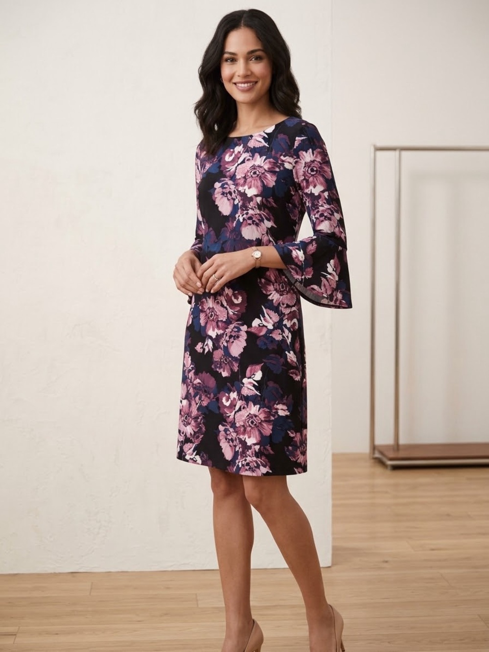 Tommy Hilfiger Floral Shift Dress with Bell Sleeves - Pink on Black